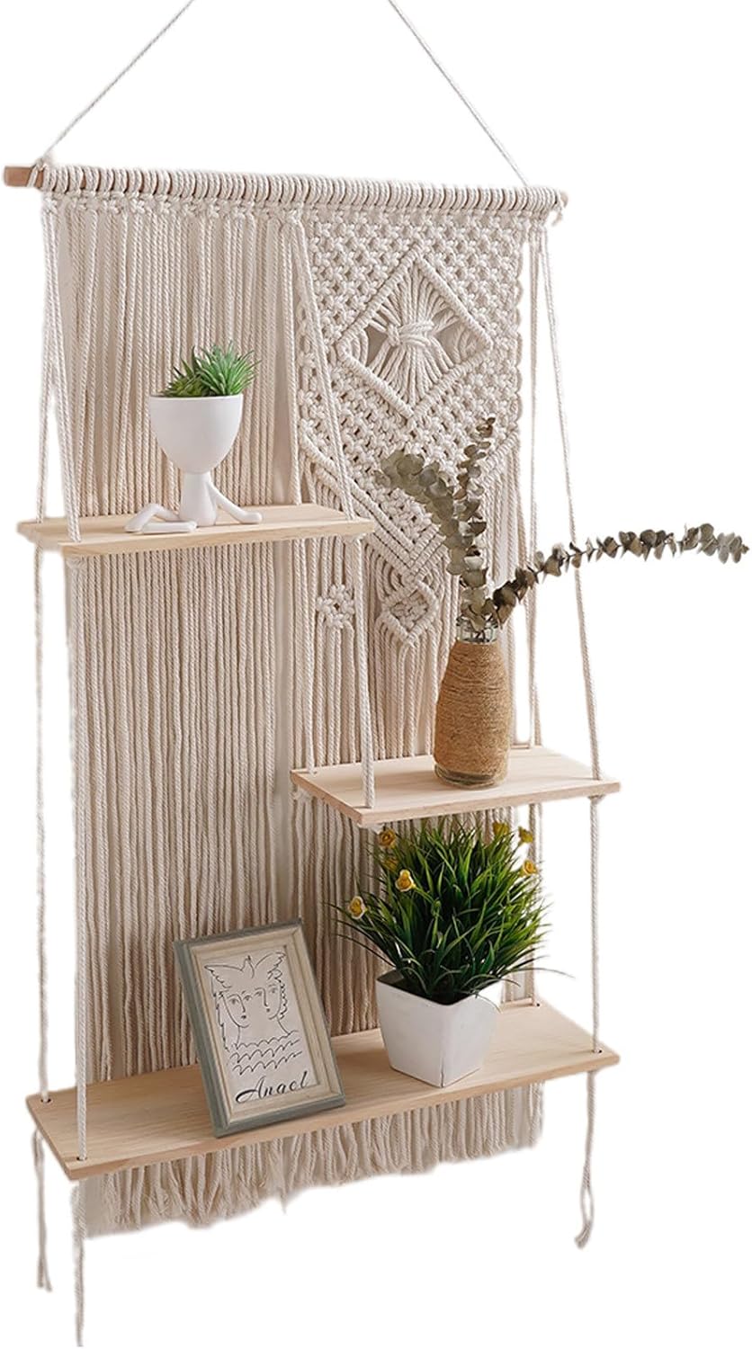Boho Wall Shelf - 3 Tier Bohemian Tapestry Shelf for Plants | Rustic Boho Home Decor, Rope Floating Shelves, Macrame Wall Hangings for Plants, Books, Vases
