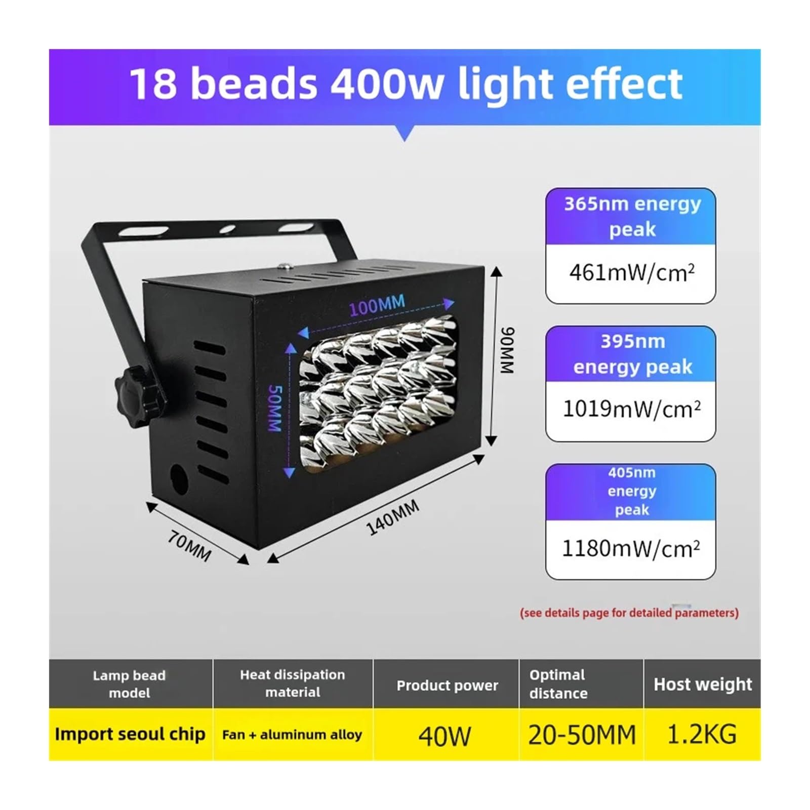 lámpara de curado UV, Lámpara De Curado Tipo Rejilla Refrigerada Por Aire Portátil, LED UV 365nm Y 395nm, Exposición A Impresión 3D, Placa Adhesiva Sin Sombras Alta Energía(405nm,18 beads 400W)