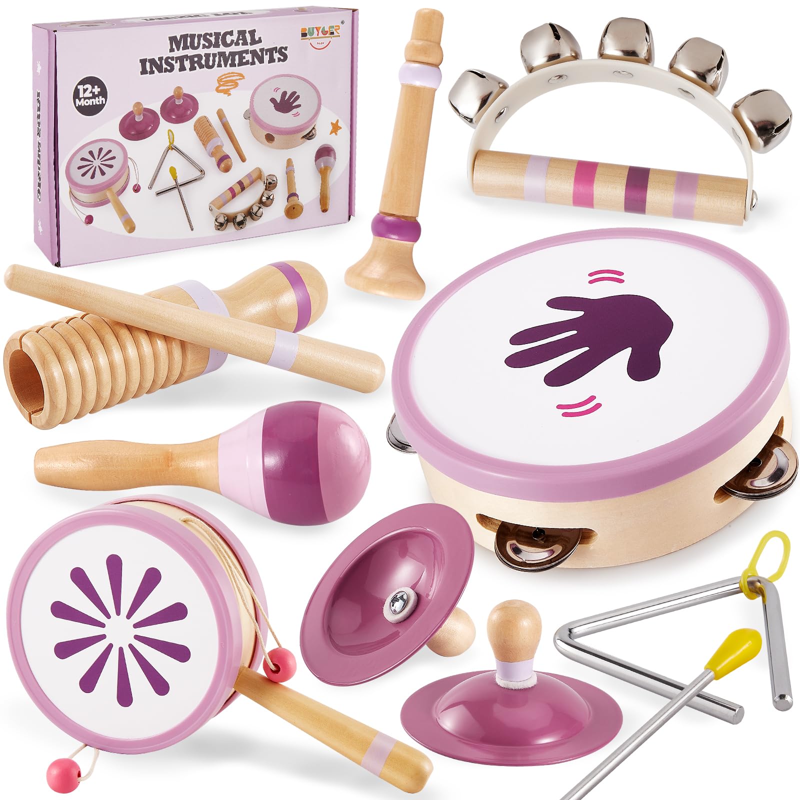 BUYGER Baby Wooden Musical Percussion Instruments Sets with Hand Drum Tambourine Cymbals Montessori Educational Sensory Toys Gifts for 1 2 3+ Year Old Baby Toddler Kids Boys Girls