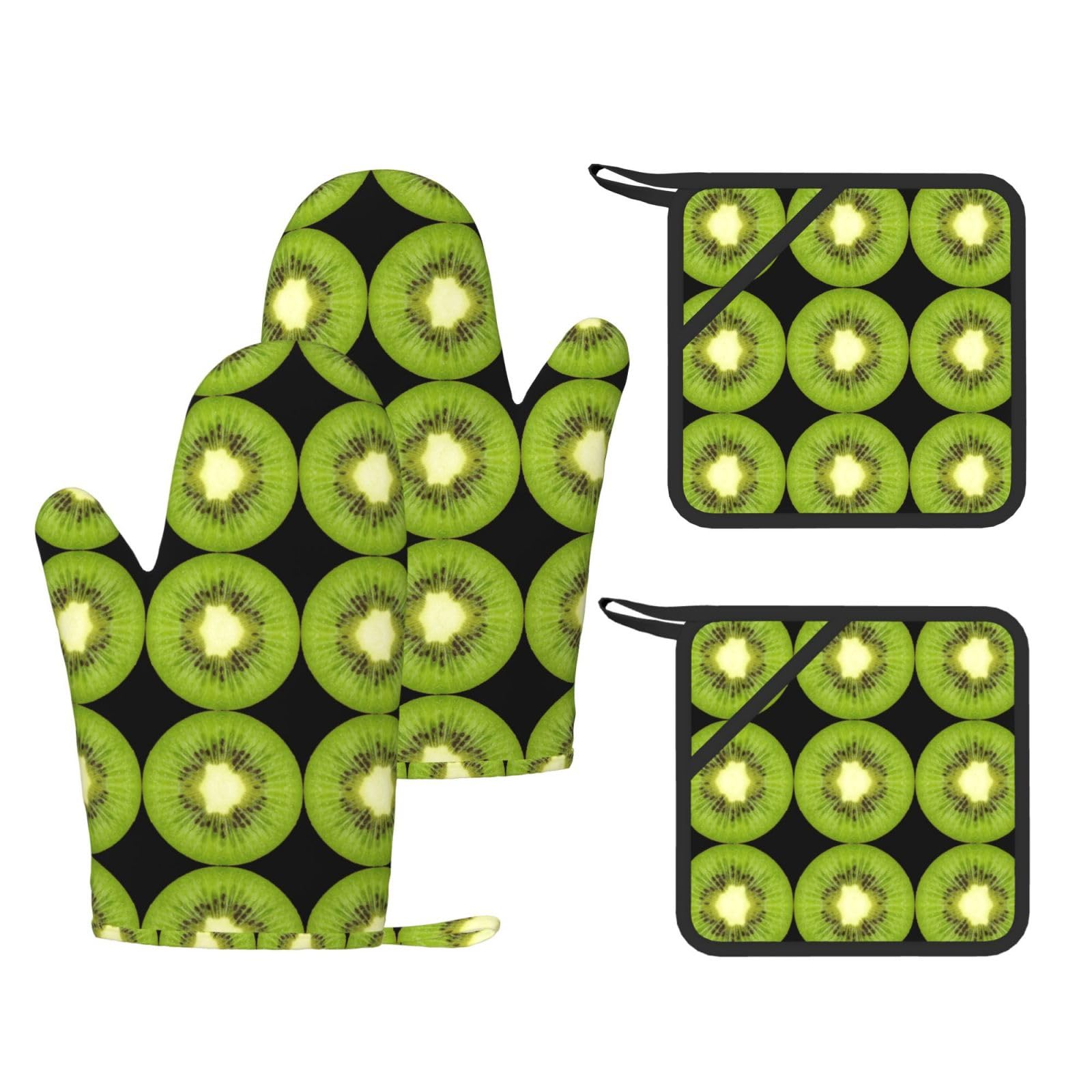 Kiwi Slice Printed Cooking Mitts and Pot Holders 4 Pcs, Heat Resistant Oven Gloves with Hanging Loop Chef