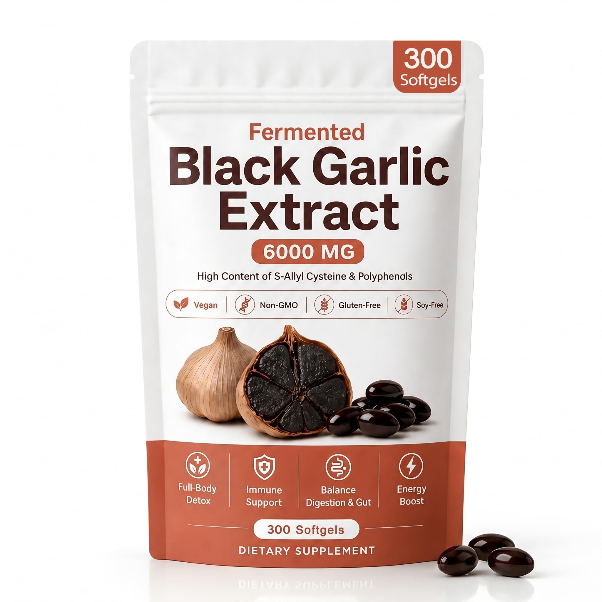 Fermented Black Garlic Extract, Natural Odorless Aged Garlic Supplements, Support Immunity, Boost Energy, Balance Digestion & Gut, Vegan, Non-GMO, 300 Softgels (1)