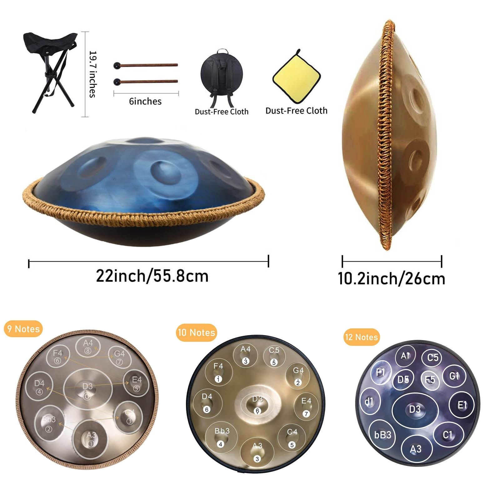 Handpan 55.8cm Tamburi a Mano in Re Minore 9/10/12 Note Strumento in Acciaio con Custodia, Bacchette, Suono 432Hz/440Hz per Meditazione, Musicoterapia(Blue,432HZ/12Note)