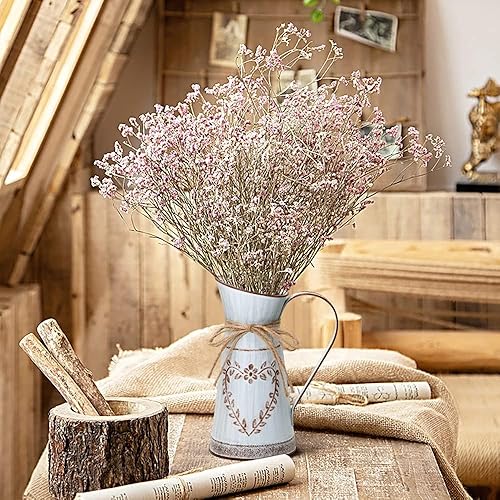 Miniatura 2 de Yoillione Jarrón de metal, jarrón azul claro con asa, florero rústico para decoración del jardín del hogar, pequeño jarrón de lata para boda