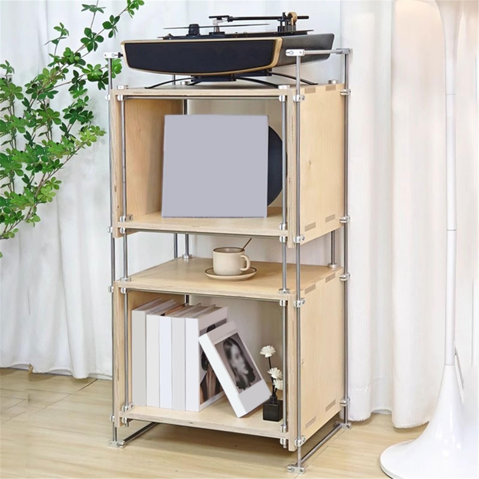 Custodia per CD Portadischi in vinile aperto in legno for soggiorno, credenza con supporto in acciaio inossidabile Portadischi