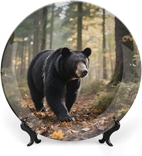 Bone China Decorative Plate Black Bear Ceramic Decorative Plates with Display Stand Personalized Dinner Plates Art Porcelain Plate for Home Wall Decor 6inch