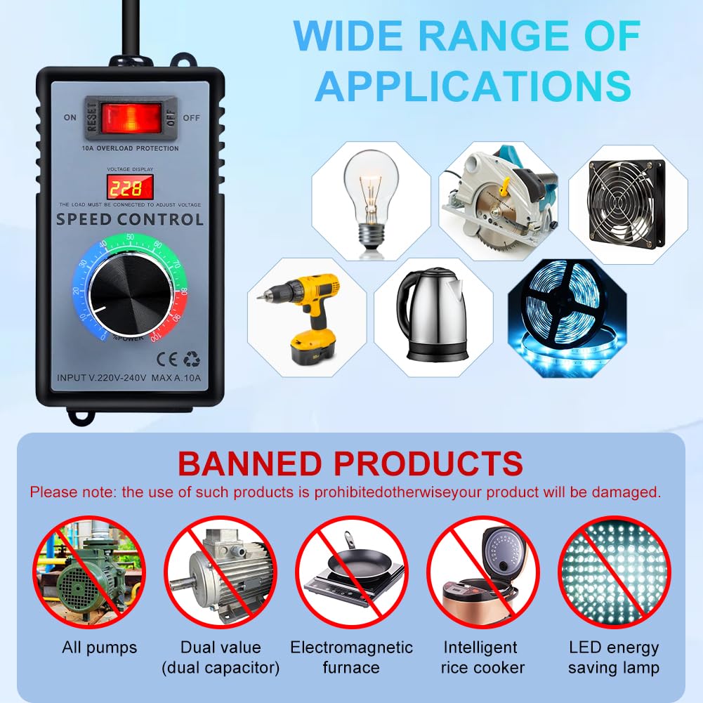 Régulateur de vitesse 230 V, régulateur de vitesse 230 V, moteur 10 A 4000 W, régulateur de tension SCR, variateur, prise européenne, régulateur de vitesse, utilisation du moteur, avec protection