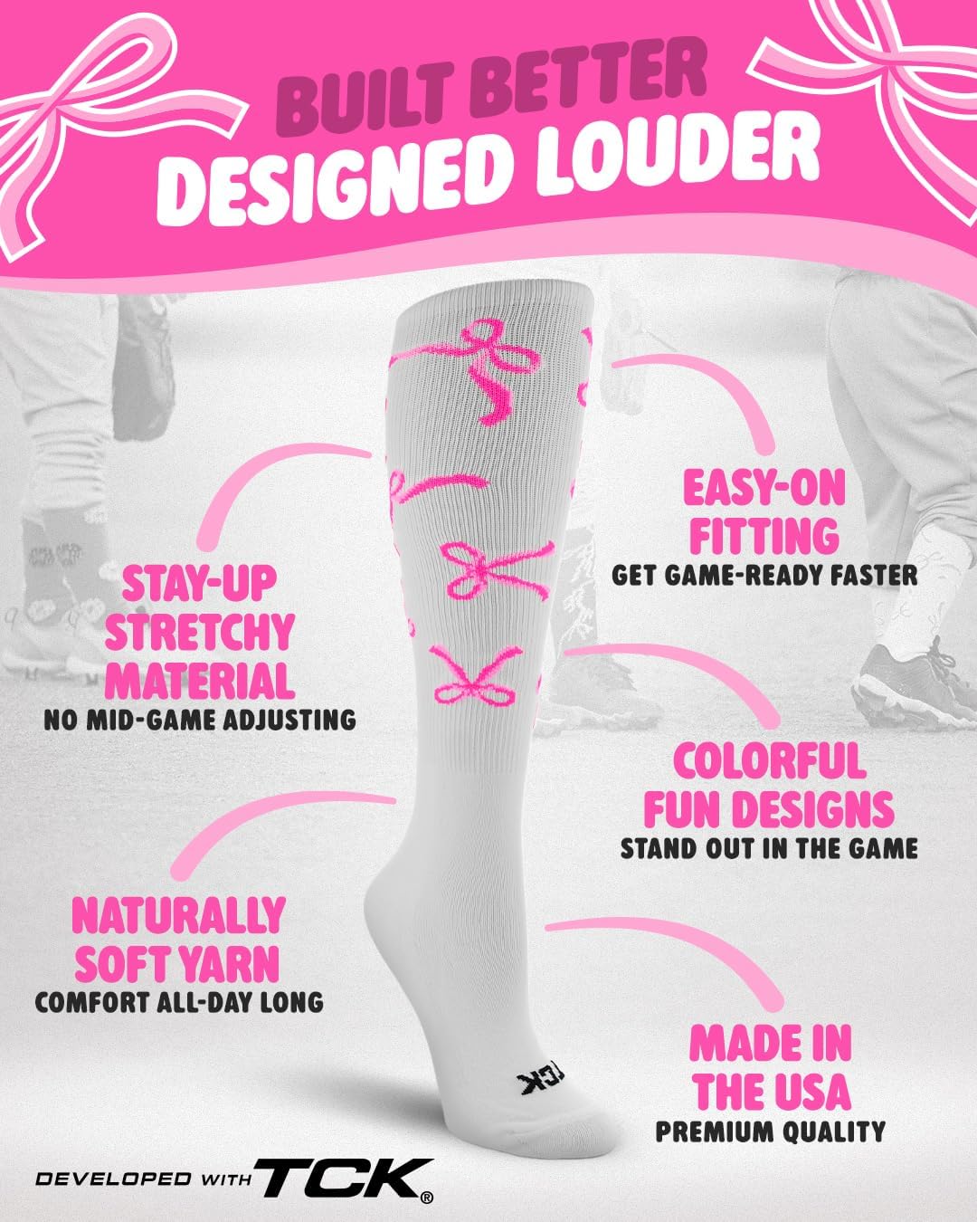 Ribbon Bows Athletic Over the Calf Socks - Girls & Youth Crazy Tube Socks - Fun Sports Team Gifts & Party Favors - USA Made
