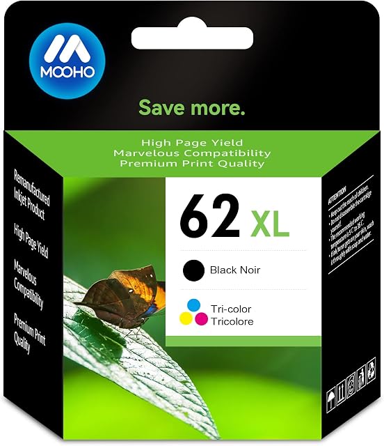 62 XL Remanufactured for HP62 HP 62XL HP 62 Ink Cartridges Twin Pack for HP ENVY 5540 5640 5544 5546 5644 7640 5542 5547 5646 5642 HP OfficeJet 200 250 5740 5742 5744 Printer(1 Black, 1 Tri-color)