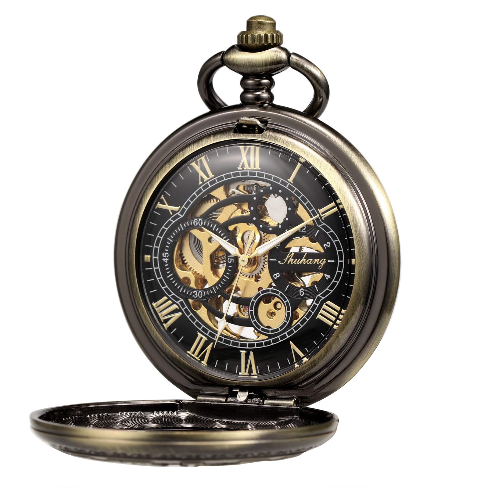 TREEWETO Montre de poche analogique avec chaîne pour homme - Double boîtier - Chiffres romains - Bronze/noir/doré
