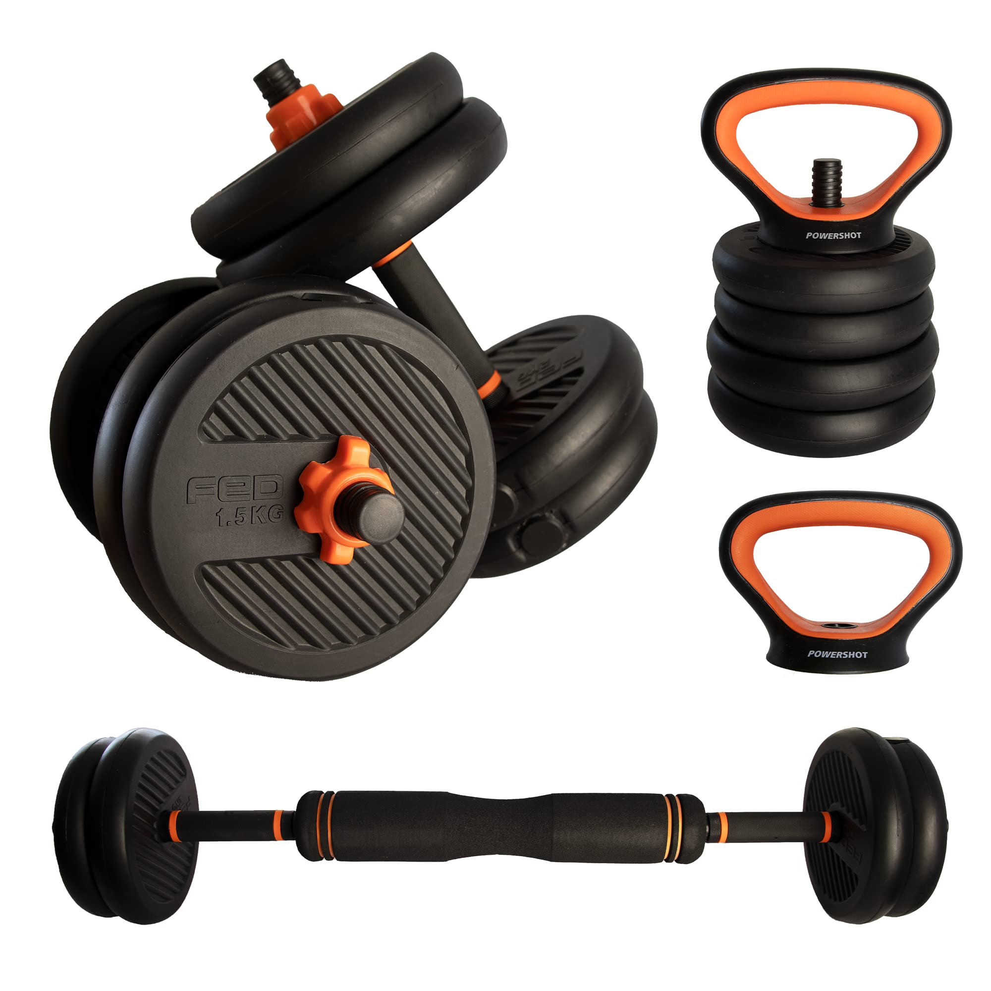 Kit Completo 4 in 1 per potenziamento Muscolare 10 kg - Kettlebell, bilanciere, manubri, Maniglie per Flessioni.