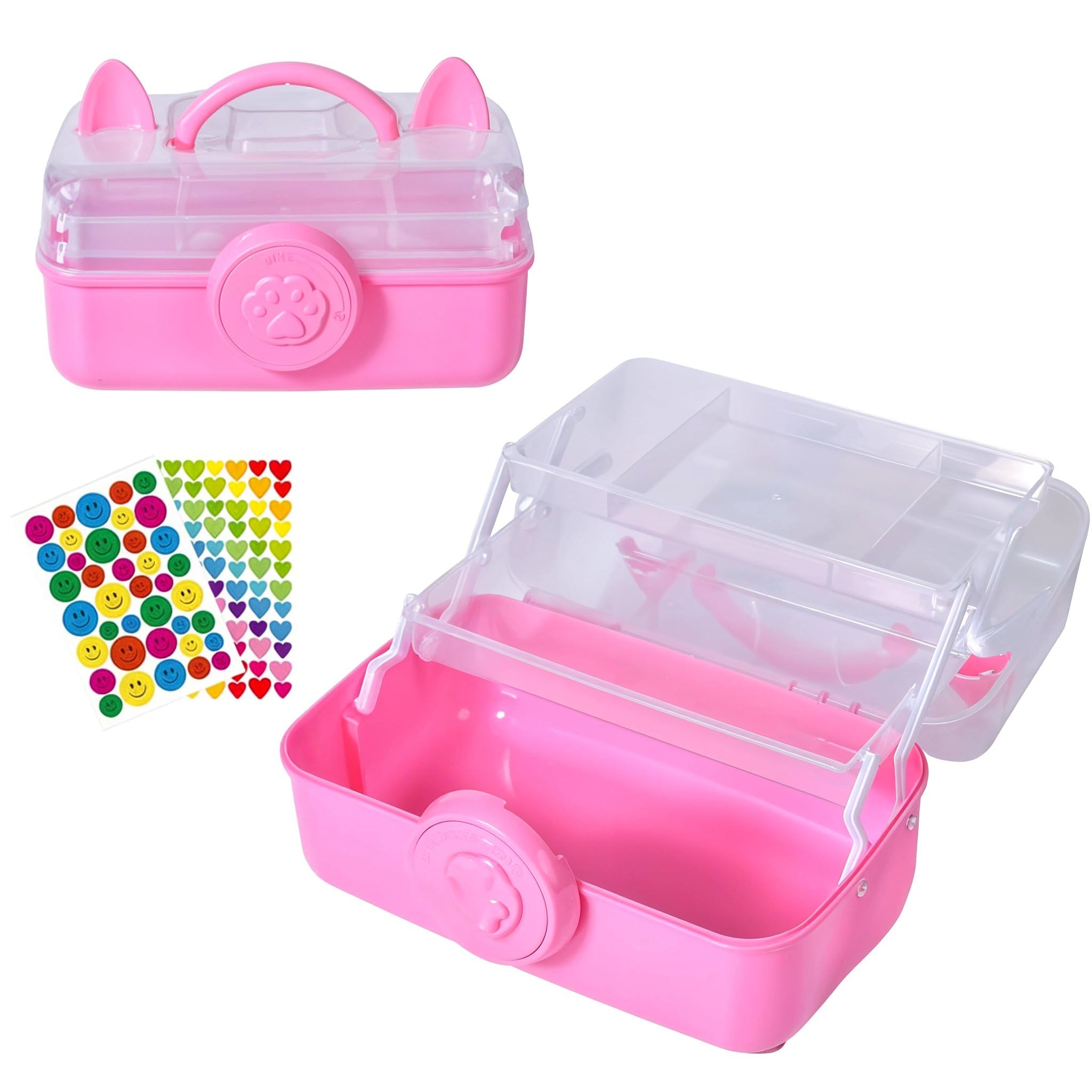 Tuilful Pink Craft Storage Box With Handle Includes 2 Stickers 3 Layer Multipurpose Storage Box With Compartments Organiser Box Cosmetics Craft Beauty Sewing And Medicine Storage (Pink)