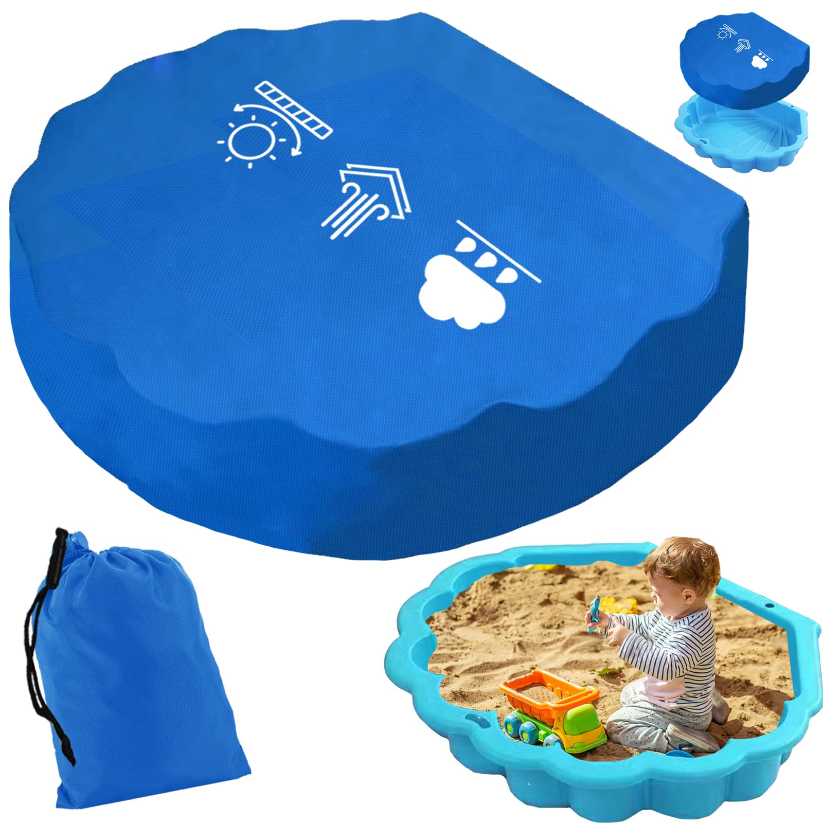 LUKIUP Cubierta para arenero tipo concha de agua, 100 x 15 cm, impermeable, redonda, azul, lona para arenero con cordón, banda elástica y bolsa de almacenamiento para arena y conchas de agua