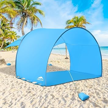 4-6 Person Extra Large Beach Tent, 122x106x87 Inches, Compact Foldable Design 16.9x4, 360 Ventilation, UV Protection, Sandbags, Side Pockets, Includes Beach Mat, Optimal Stability & Portability