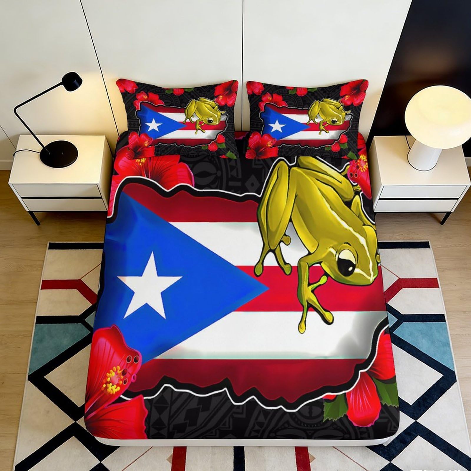 Jqzkxnhpbr Style-5 3D Printed Puerto Rico Flag Fitted Sheet Microfiber Cartoon Frog Mattress Cover Washable Non-Slip Decor 90X200x25cm