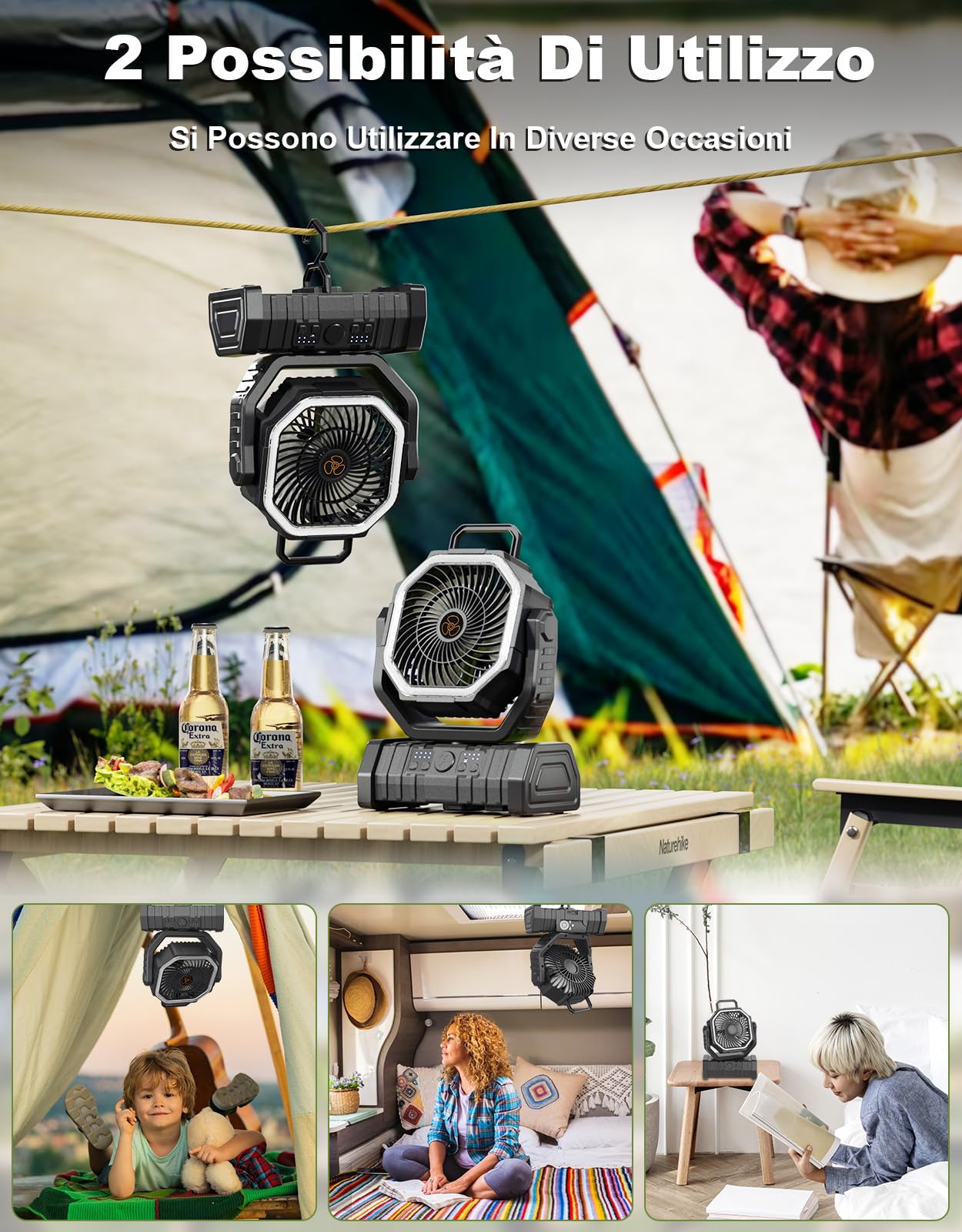 Richday 20000mAh con lanterna LED Ventilatore da campeggio Ventilatore silenzioso a 4 velocità Rotazione di 270° Ventilatore da campeggio all'aperto per uffici Tenda da camera da letto Campeggio