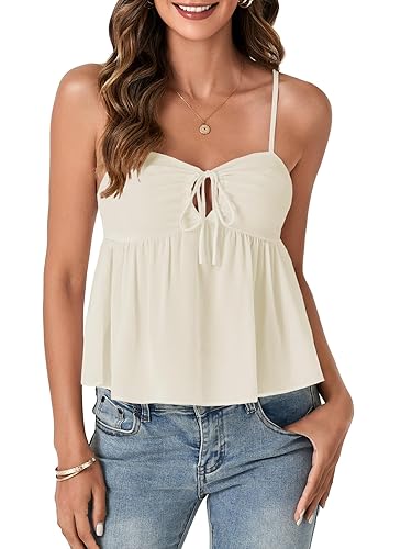 LYANER Women's Spaghetti Strap Sweetheart Neck Cami Crop Tops Tie