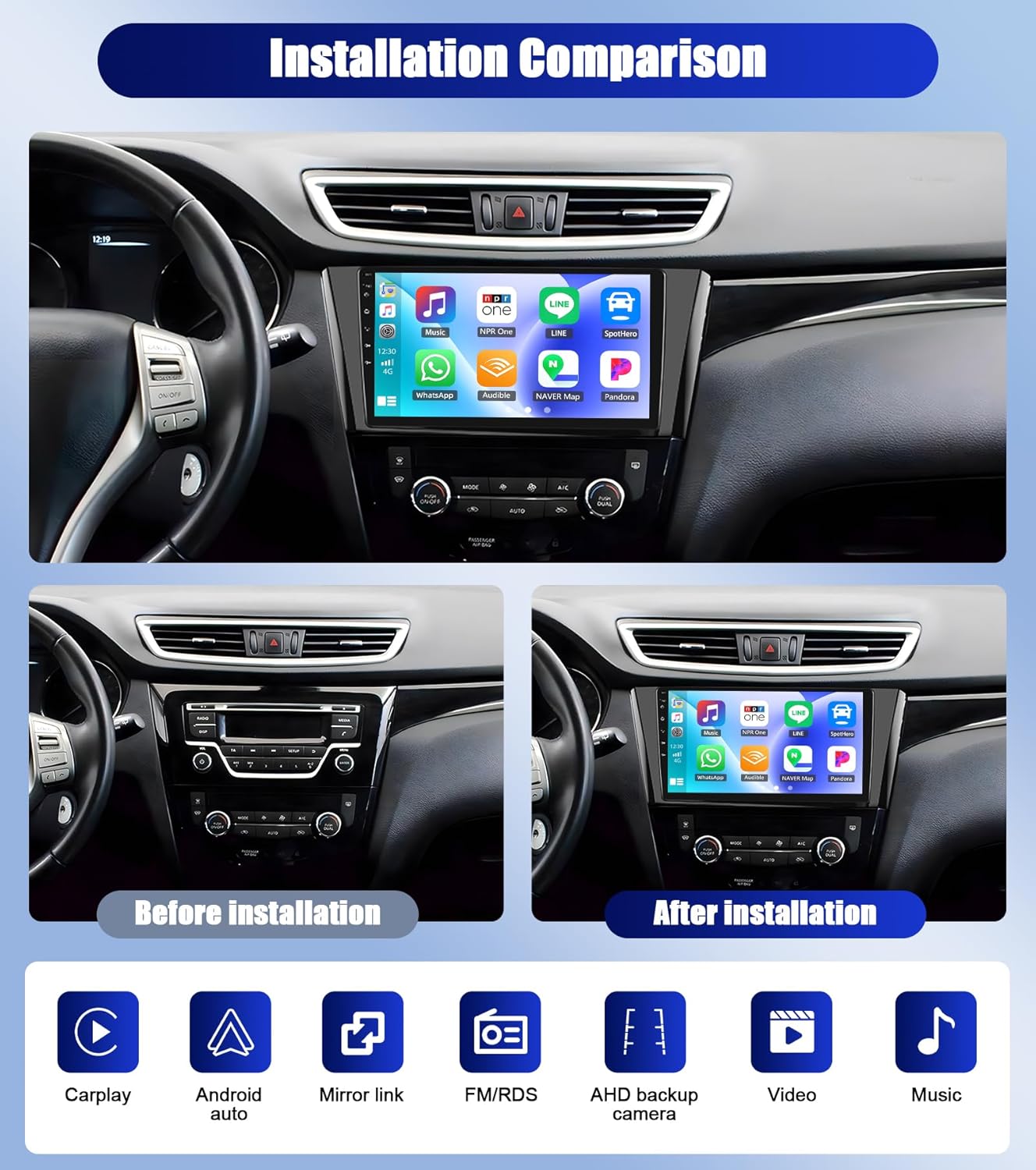 Before and after installation comparison showing the original car radio and the new CAMECHO 10.1-inch car stereo installed in a Nissan Rogue/Qashqai dashboard.
