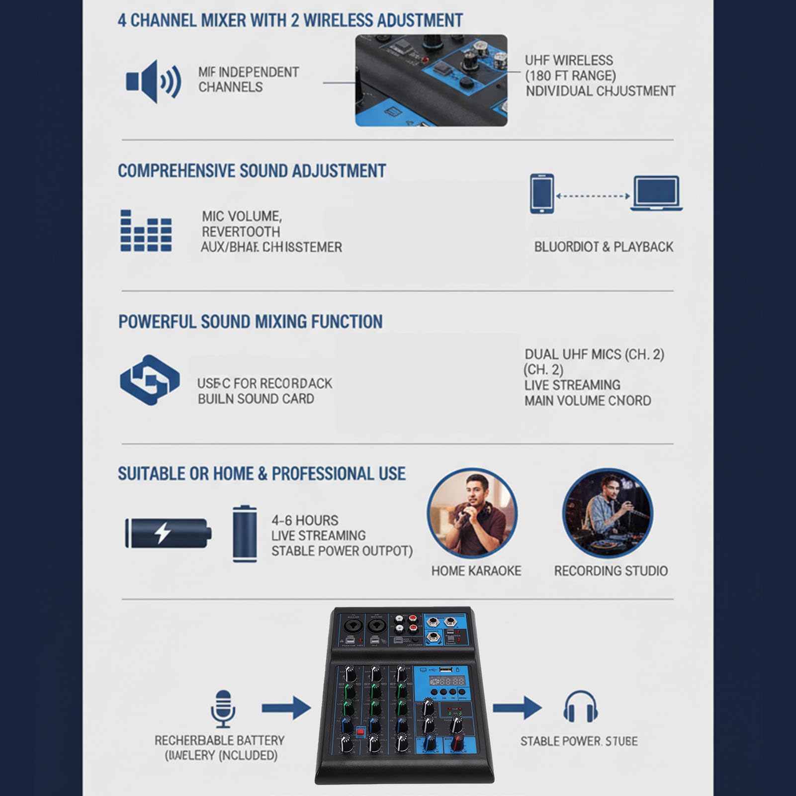 Topiky Set Microfonico Mixer Audio a 4 Canali con Doppio Microfono Wireless UHF, Scheda Audio Professionale Console di Mixaggio DJ, Console di Mixaggio RGB con Alimentazione 48V per