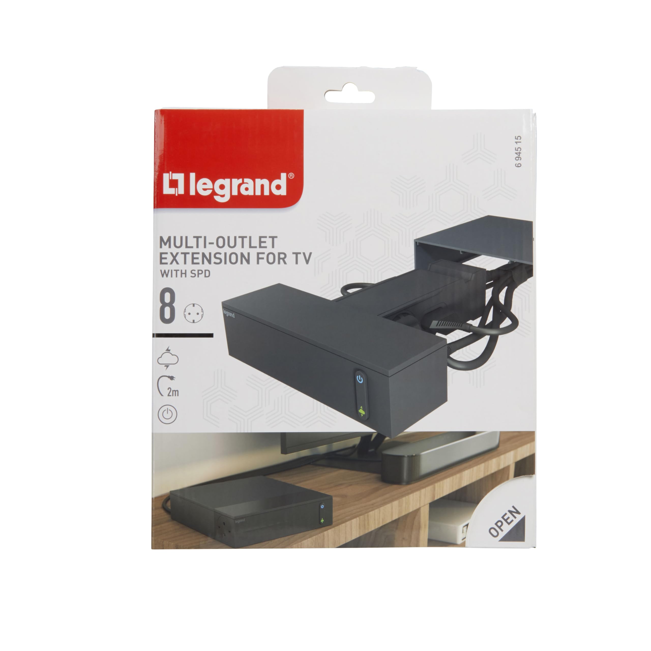 LEGRAND, Multimedia TV Corner 4-fach Steckdose, Mehrfachsteckdose, Ein/Aus-Schalter, integrierter Überspannungsschutz (SPD), 2m Kabel, Schwarz, 694515