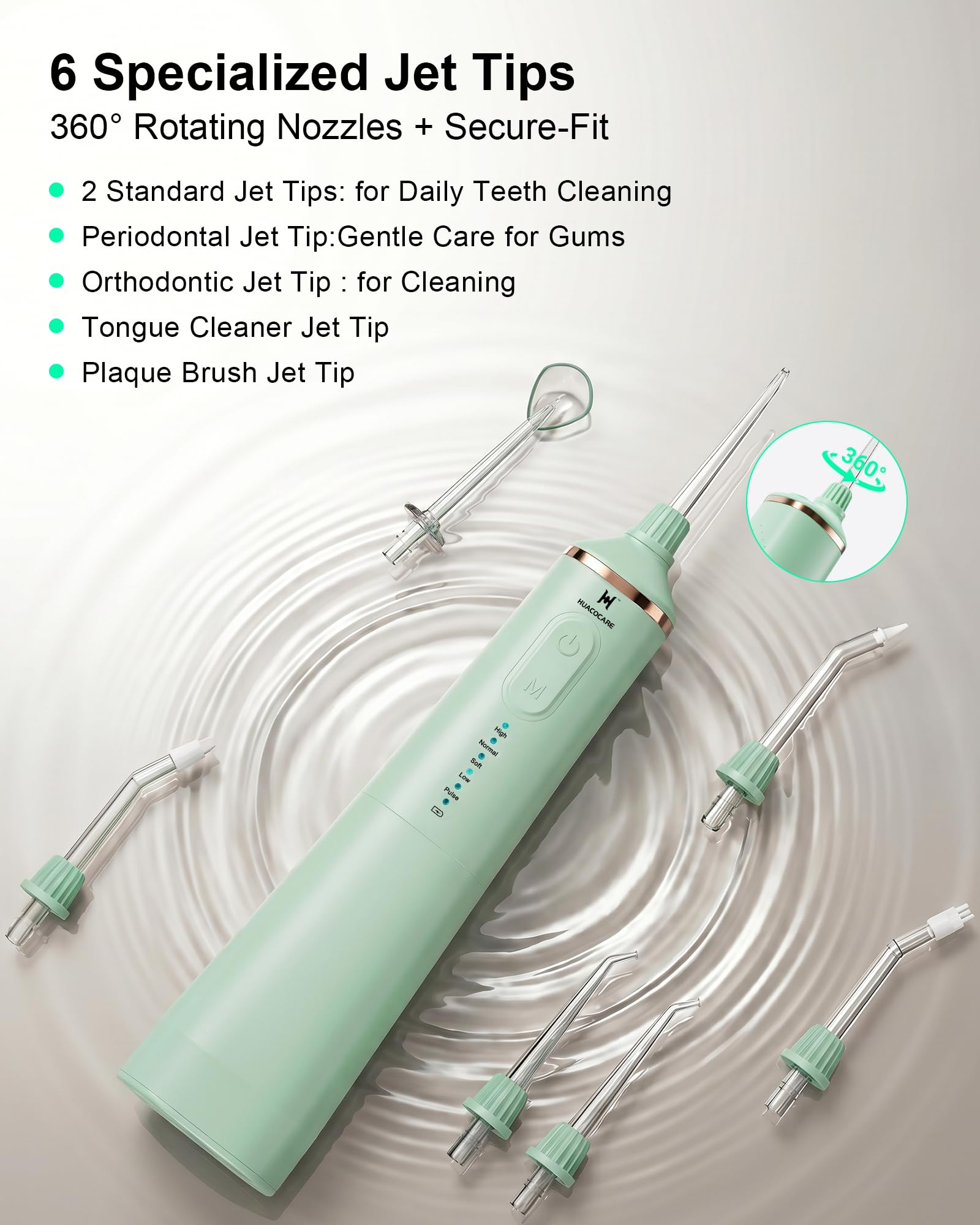 HUACO CARE Irrigador bucal de agua mejorado de 300 ml, 5 modos de irrigador oral inalámbrico profesional, limpiador dental de agua de pulso de alta presión para el hogar y viajes, elimina la placa