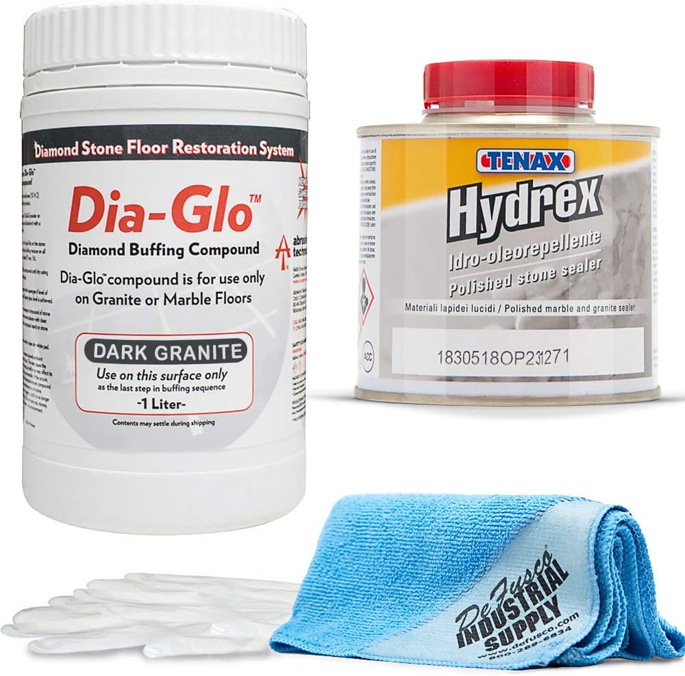 Dia-Glo (Diaglo) Dark Granite 1QT, Stone Granite Floor Polishing Compound - Tenax Hydrex 1/4 Liter - 16x16 Microfiber Cloth - Gloves - Bundle - 4 Items