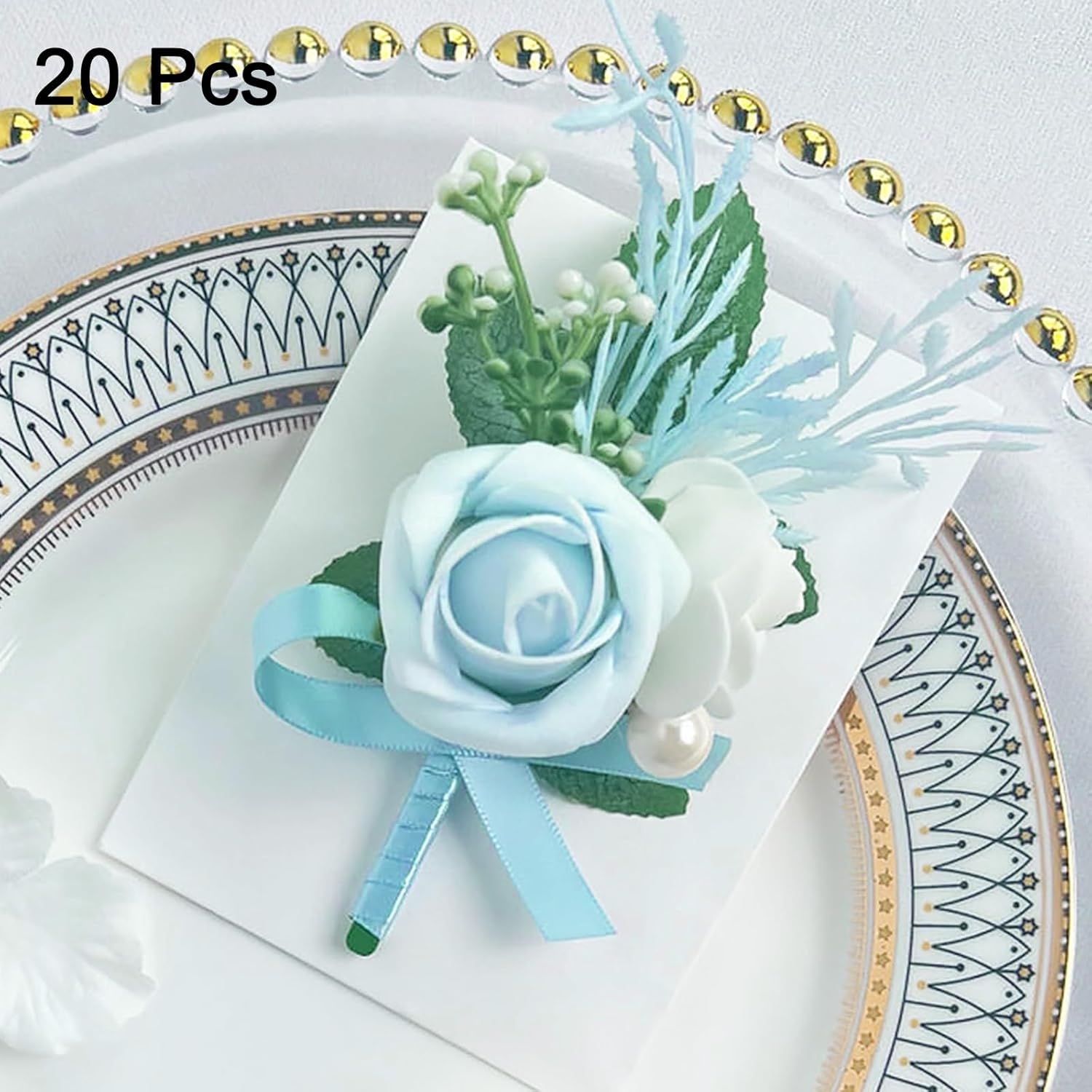 uxcell 20pcs Light Blue Boutonnieres for Men, Artificial Flower Buttonholes Pocket Corsage with Boutonnieres Pins for Wedding Bride Groom Ceremony Anniversary Formal Party
