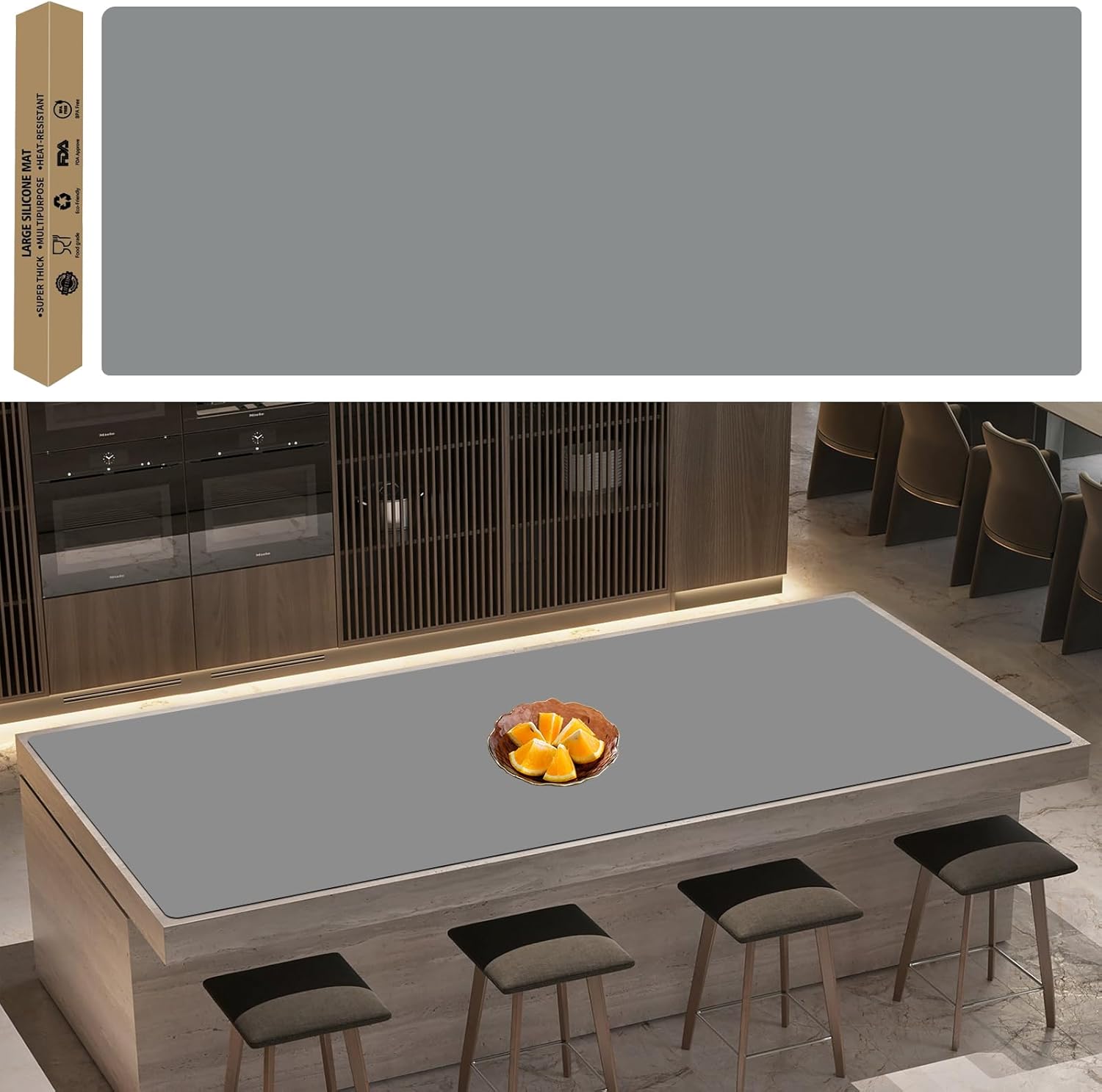 Super Large Silicone Mat, 120"x24" Silicone Mats for Kitchen Counter, Non-Slip Heat Resistant Mat,Thicken Kitchen Counter Mat, Waterproof Countertop Protector for Craft (Light Grey) Light Gray 120"L x 24"W