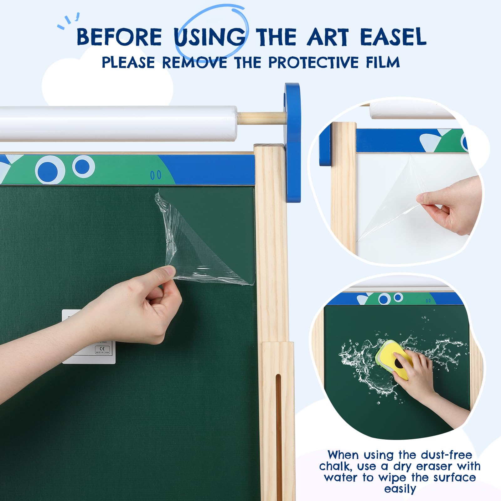 Kinder Staffelei, 3-in-1-Staffelei zum Malen mit Magnettafel, Zeichenpapier, tafel kinder, magnettafel, Höhenverstellbar Standtafel,Geschenk, Blau