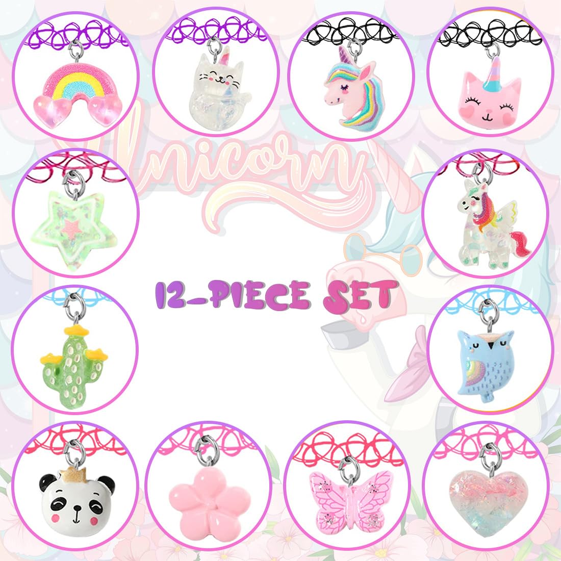 12 Pezzi Girocollo Set di collane per bambini adolescenti ragazze donne, Ciondolo Charm Unicorno Arcobaleno Panda Gatto Cuore Fiore Sirena Girocollo Tattoo Stretch Elastico Nero Rosa