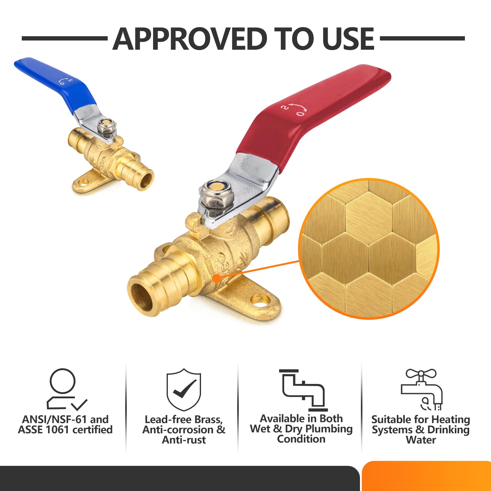 HeSun 10 válvulas de bola de expansión PEX A de 1/2 pulgada con oreja de caída, válvula de cierre de latón para tubo de expansión PEX A, ASTM F1960, rojo y azul