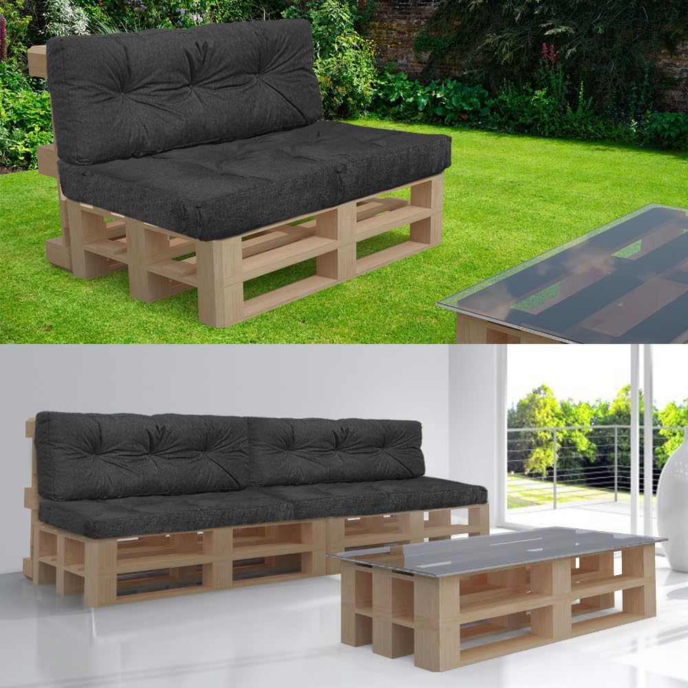 VOUNOT Cojines para Palets 4-Piezas Set, Impermeable para Interior y Exterior, Cojín de Asiento 120x80 cm, Respaldo 120x40 cm, Gris Oscuro