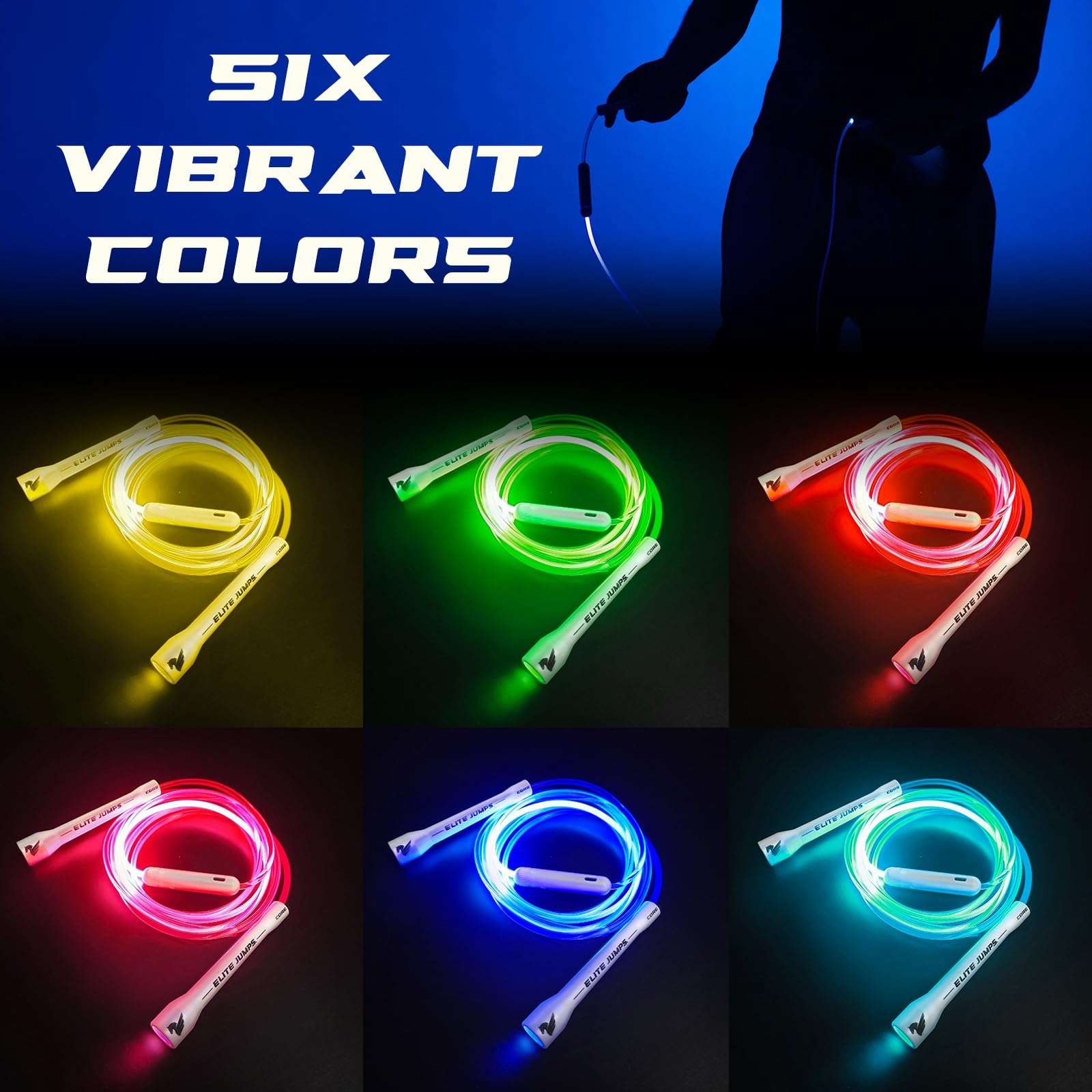 Elite Jumps - Light Show LED Jump Rope - For Kids & Adults - Durable & Lightweight - Adjustable Length & USB Rechargeable - Tangle-Free Jumping Rope for Fun & Exercise - 6 Vibrant Colors - Single LED