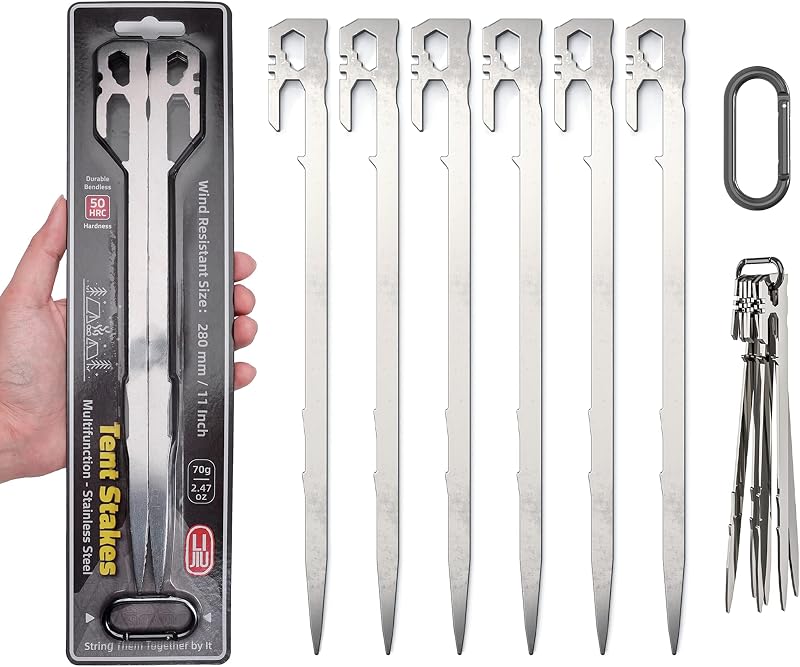 Estacas para tienda de campaña, 6 unidades: elementos esenciales para acampar en tiendas de campaña. Estacas de tierra resistentes de acero inoxidable, elementos esenciales para acampar livianos, 11 pulgadas 2.47 oz, accesorios para carpas de LI JIU® (11 pulgadas, 6 piezas)
