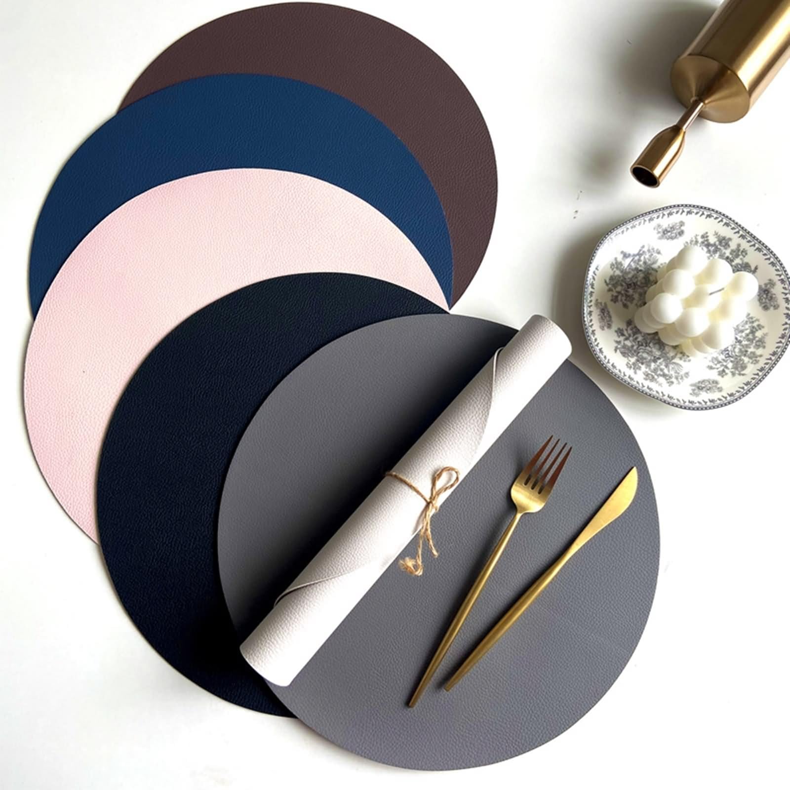 Platzdeckchen Landhausstil 6er Set, Place Mats Autumn 32cm Wendbarer Zweifarbiger Uni-Look Leder Dunkelgrau Beige