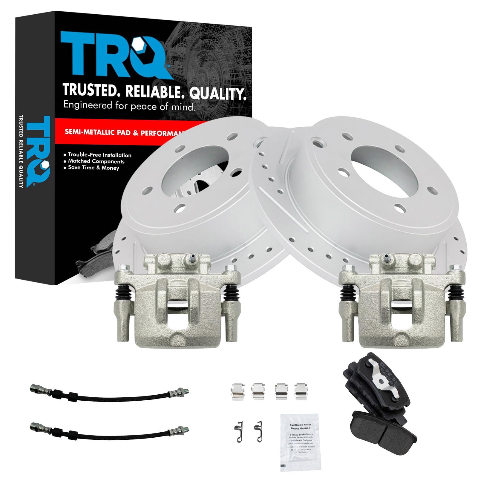 TRQ Performance Rear Brake Pad &amp; Rotor Set Semi Metallic Drilled Slotted G Coated Rotors Calipers Compatible with 11-14 Chrysler 200 08-14 Dodge Avenger 07-17 Jeep Compass Patriot 07-10 Sebring
