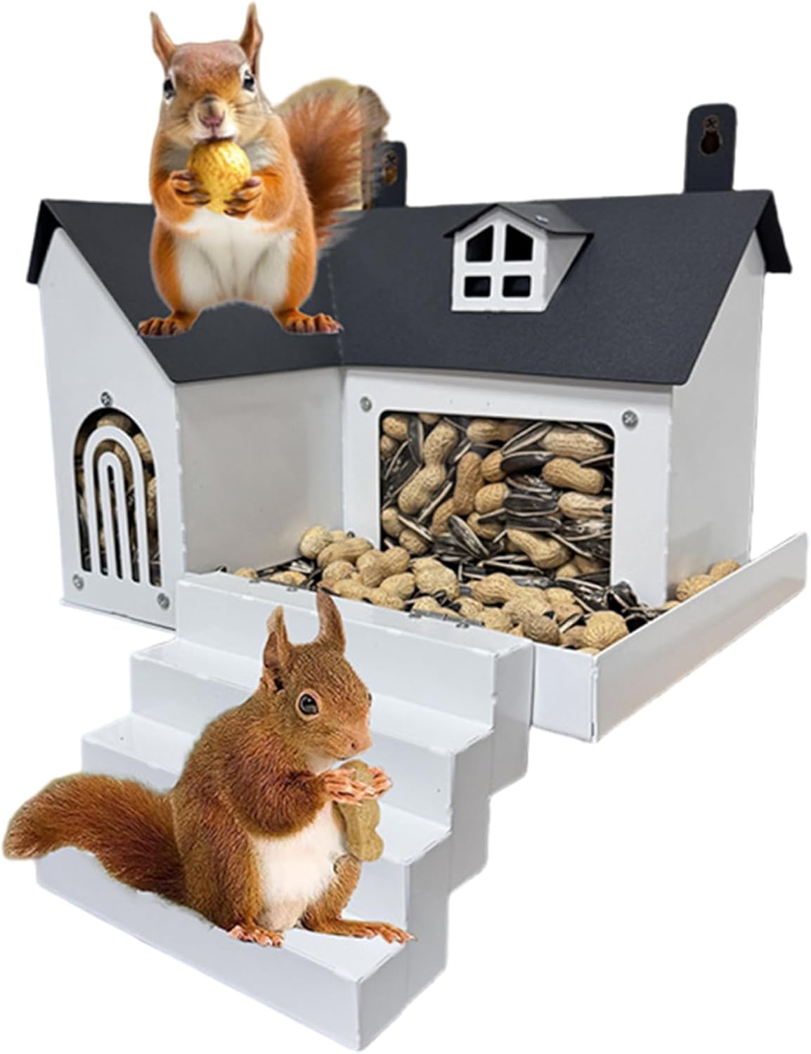 Squirrel Houses for Outside, 9.4×7.3×6.4" Iron Squirrel Feeder with Clear Window & Step for Backyard, Garden, Outdoor, Nesting Box