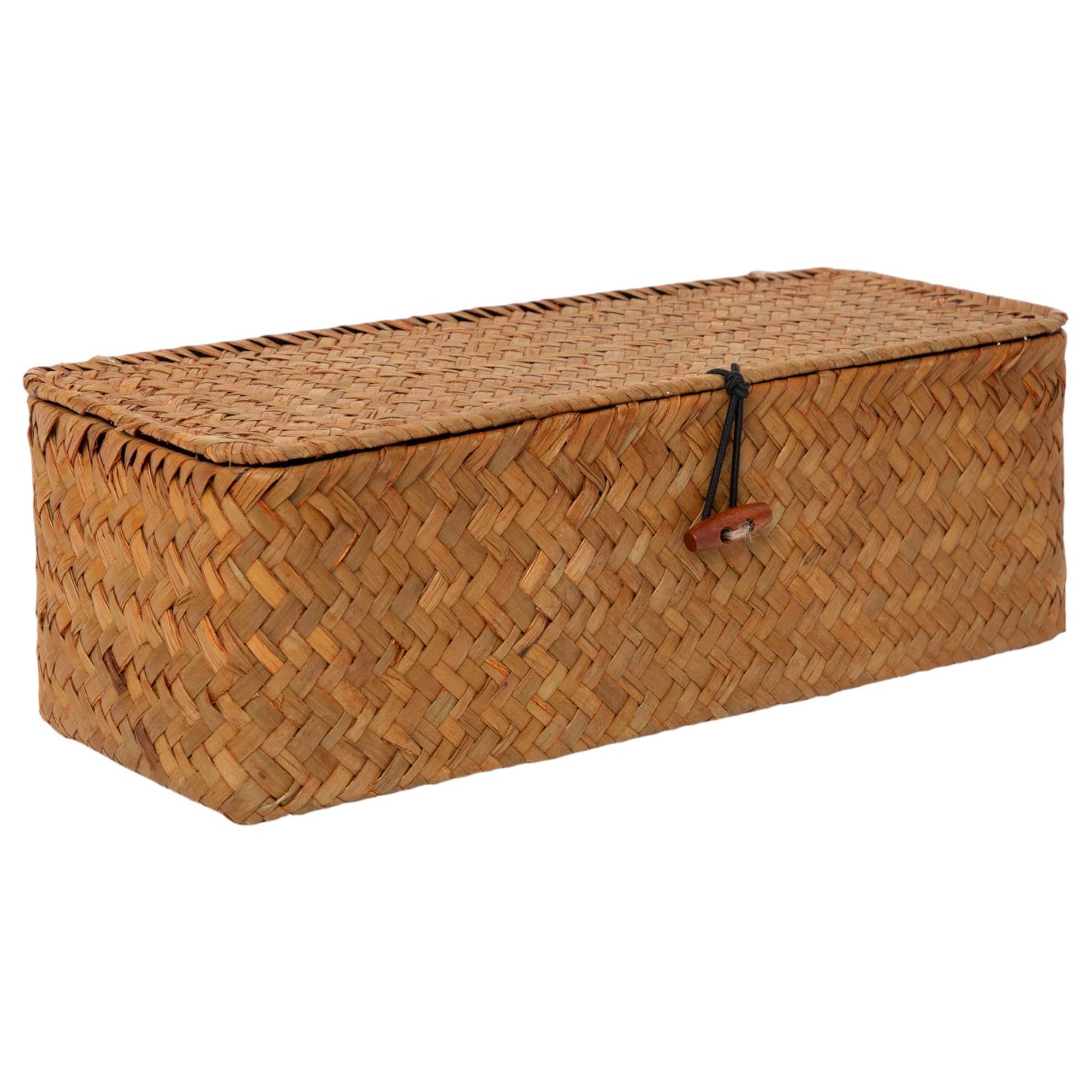 Caja de almacenamiento tejida a mano con tapa, cesta de almacenamiento de cosméticos de escritorio, cesta de almacenamiento de artículos diversos para el hogar, estilo de tres rejillas, 13.19 x 4.92 x