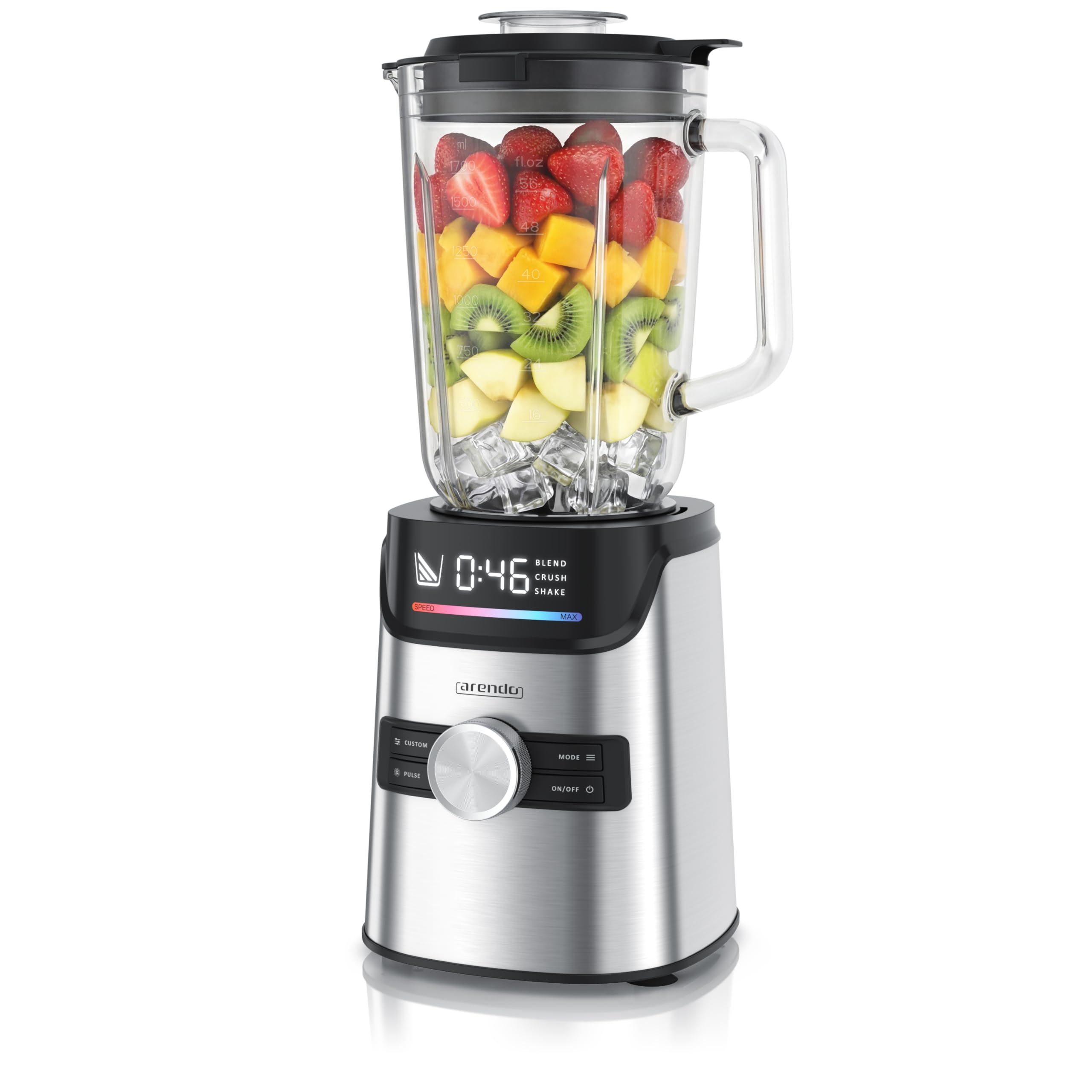 Arendo – Standmixer Glas 1400 W – Hochleistungsmixer - 1,7 L Fassungsvermögen – Mixbehälter aus Glas - Glasbehälter – hochwertige Edelstahl-Messereinheit – 3 voreingestellte Programme