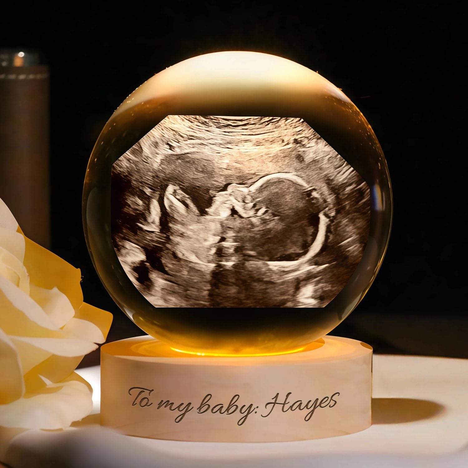 Personalized Baby Ultrasound Photo Crystal Ball Night Light, Custom Photo & Text Crystal Ball Lamp, Gifts For Newborn, Baby Scan Picture Frames Surprise Gift For Mom Dad(Warm light,8cm .15in)