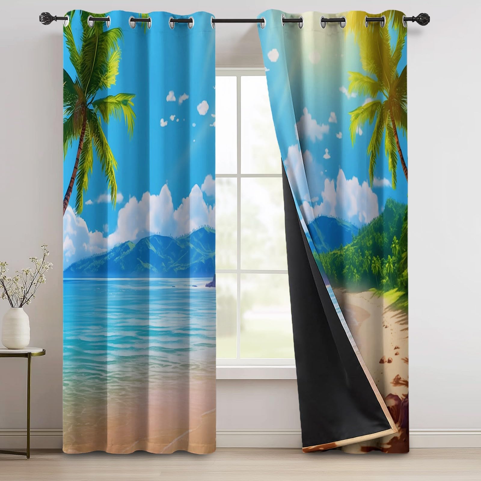 Blau Grün Verdunklungsgardinen mit Ösen Kälteschutz Thermogardine Hitzeschutz, H 200 x B 70 cm (2er Pack) Landschaft Tropischer Strand Berge Palmen Blickdichte Vorhänge für Wohnzimmer