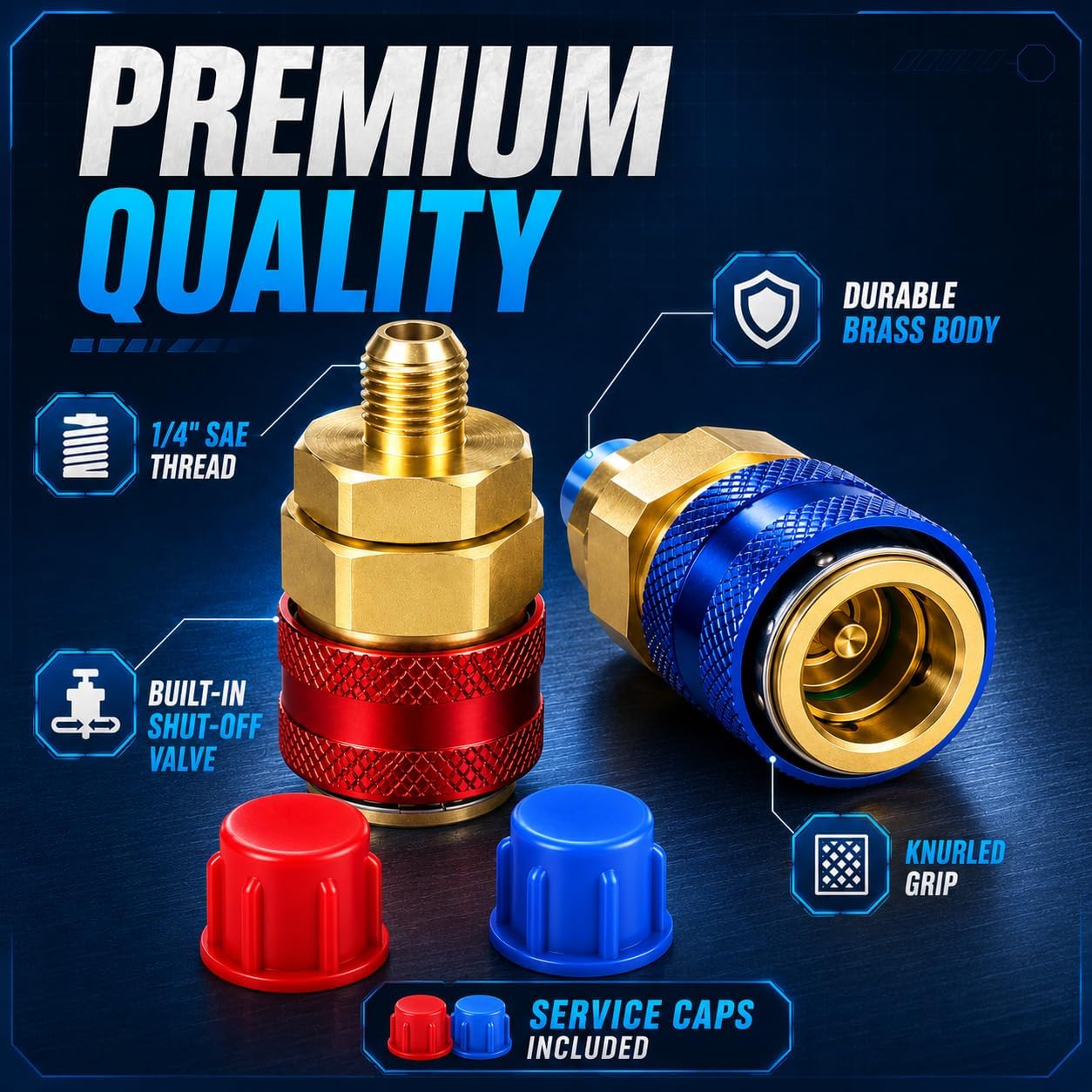 R134a Quick Coupler Kit, 2 Pack, 1/4 SAE Thread, Compatible with Manifold Gauges, Automotive AC Adapter for Refrigerant Recharge, Fits Mini Split Car Air Conditioning Maintenance
