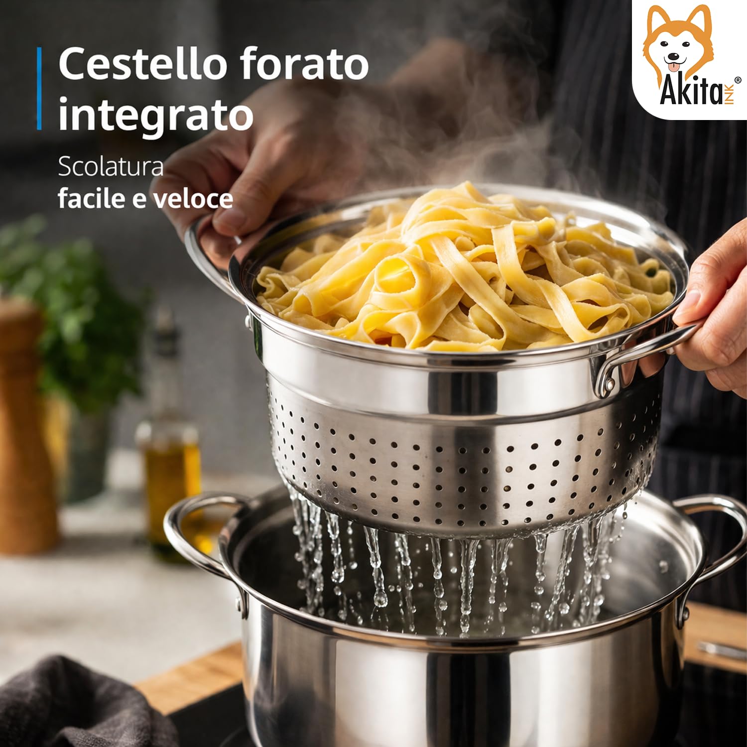 AKITAInk Bollipasta Duna 24 cm in Acciaio Inox con 2 Cestelli e Coperchio in Vetro Temperato, Pentola per Pasta con Scolapasta Integrato, Resistente e Pratica