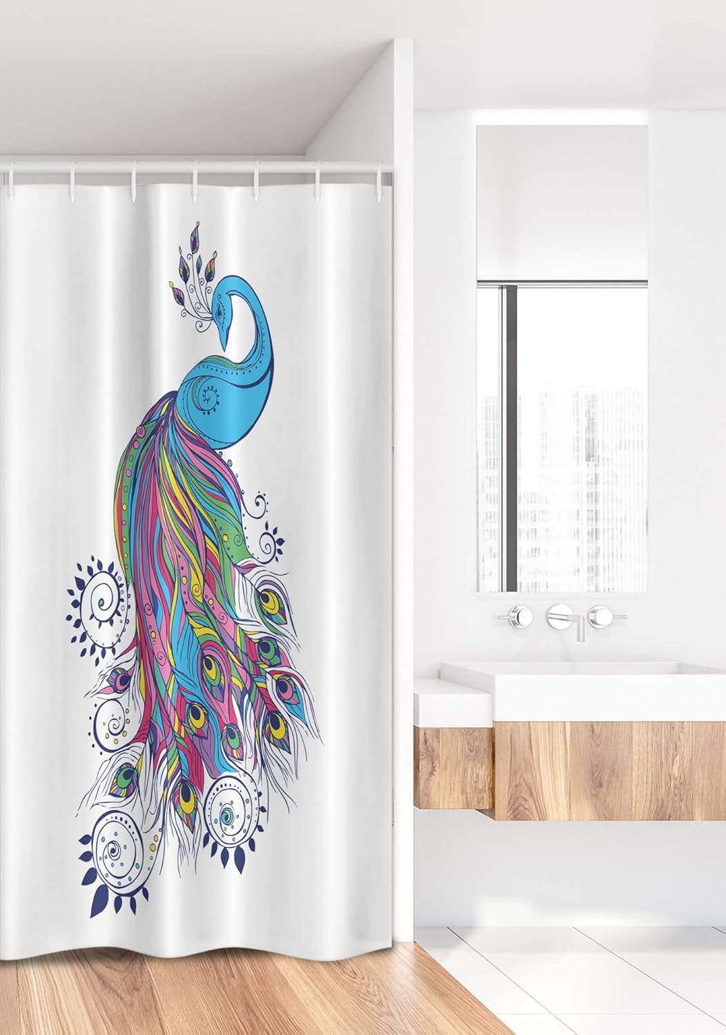 Ambesonne Peacock Stall Shower Curtain, Colorful Fashion Artwork Animal Pattern Ornament Paisley Oriental Elements, Fabric Bathroom Decor Set with Hooks, 36" W x 72" L, Multicolor