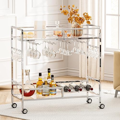 Bar Cart, Home Bar Serving Cart on Lockable Wheels, 2-Tier Rolling Cart with Tempered Glass Shelves Guardrail Wine Rack, Modern Wine Cart for Home Kitchen Dining Living Room, Silver