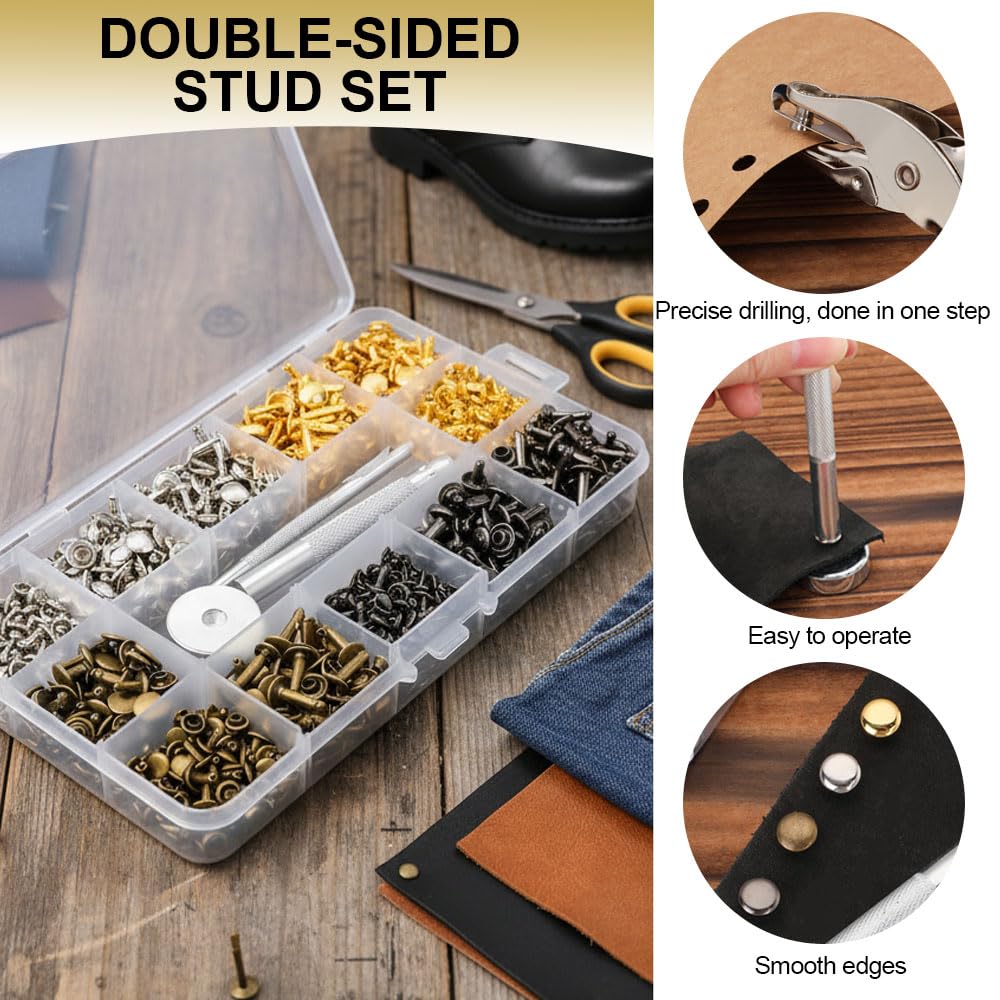 180 Pezzi Rivetti per Pelle 12 MM/8 MM/6 MM,Borchie Metallo per Tessuti con Punch Pinze,Ribattini per Cuoio Doppia Testa,Studs for Clothes per Scarpe, Vestiti, Artigianali Fai Da Te - 4 Colori