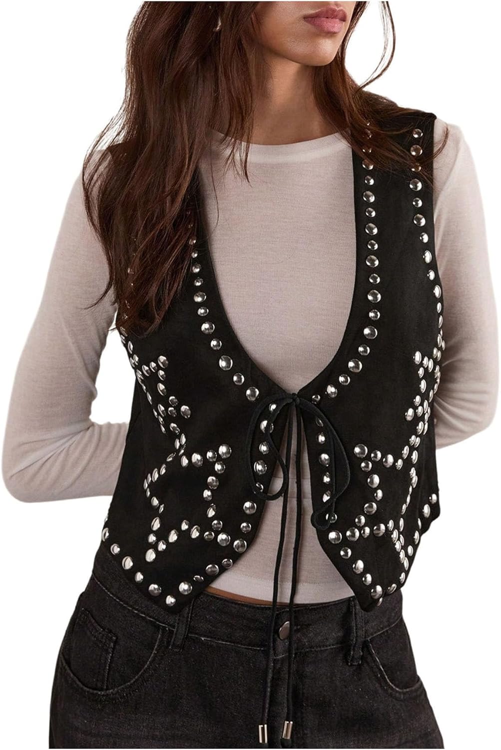 WDIRARA Women's Rivet Star Tie Front Vest Sleeveless V Neck Tank Tops Punk Waistcoat