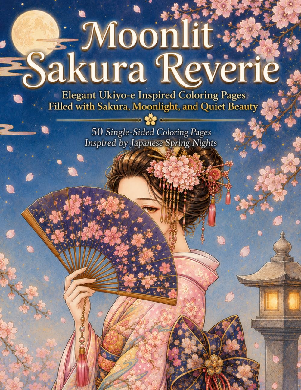 Moonlit Sakura Reverie: Elegant Ukiyo-e Inspired Coloring Pages Filled with Sakura, Moonlight, and Quiet Beauty