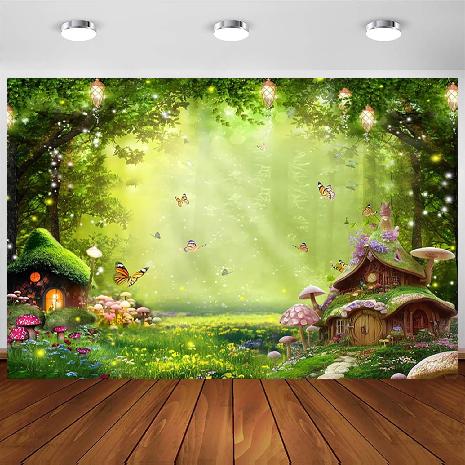 Paesaggio primaverile Sfondo Paese delle meraviglie Prateria Fiaba Foresta Bambini Funghi appena nati Elfi Fiori Photocall Banner A8 7x5ft / 2.1x1.5m