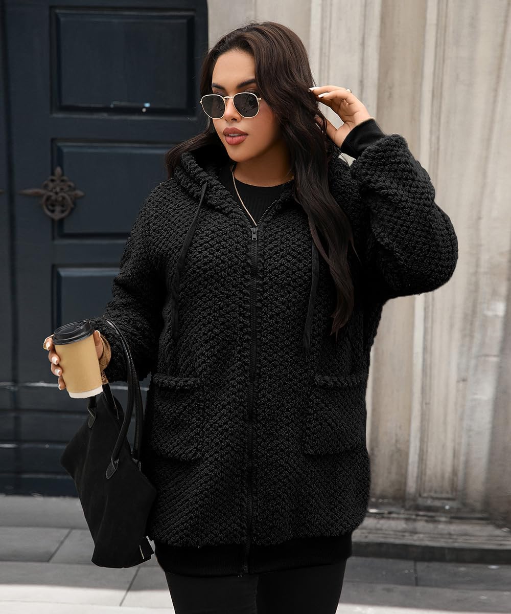 Women Mid-Long Fleece Zip Up Jacket Sherpa Hoodie Fuzzy Jacket Warm Winter Teddy Coat with Pockets - Image 5