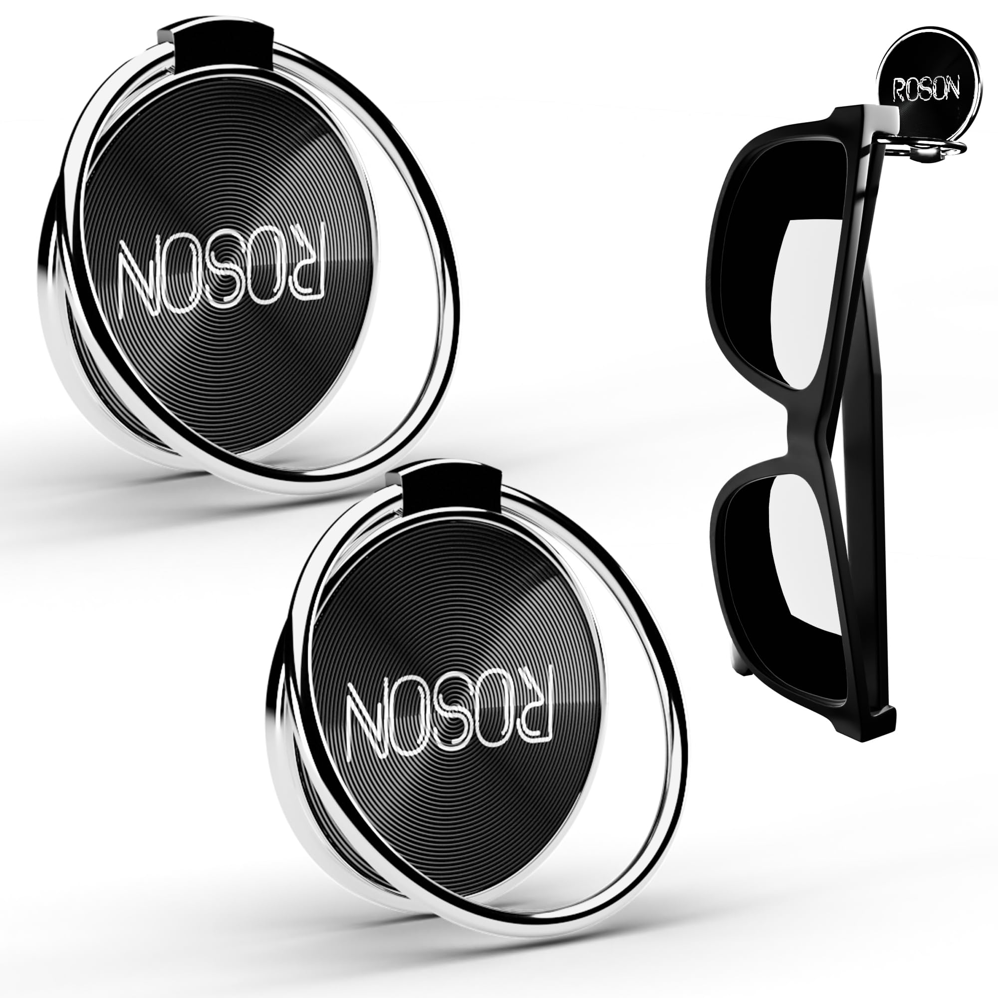 ROSON Sunglass Holder for Car Dash Sunglasses Clip Premium Metal-Alloy Glasses Eyeglass Holder Truck Car Accessories for Women Man - Any Surface You Need - Silver Black (2 Pack)